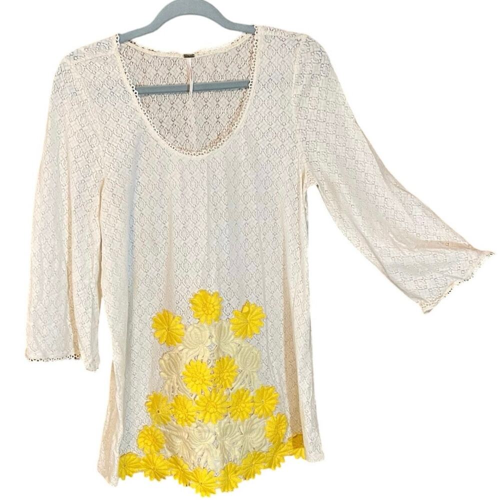 Free People Yellow Floral Crochet Tunic Top Boho Lace Large hippie flower power